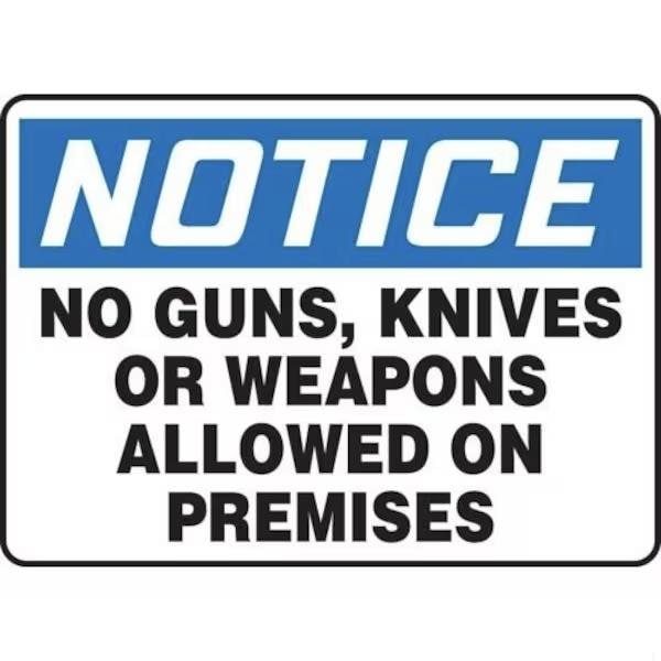 Accuform No Guns Knives Or Weapons Allowed On Premises, Plastic, 10 in x 14 in, Mounting Holes MACC804VP - main